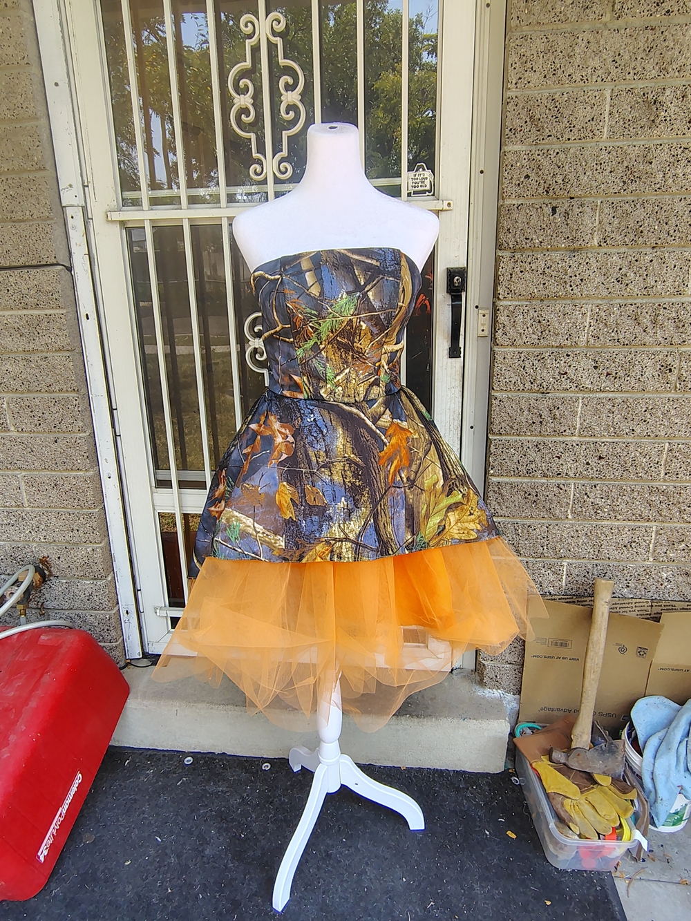 Strapless Camouflage Print Formal Dress with Orange Tulle